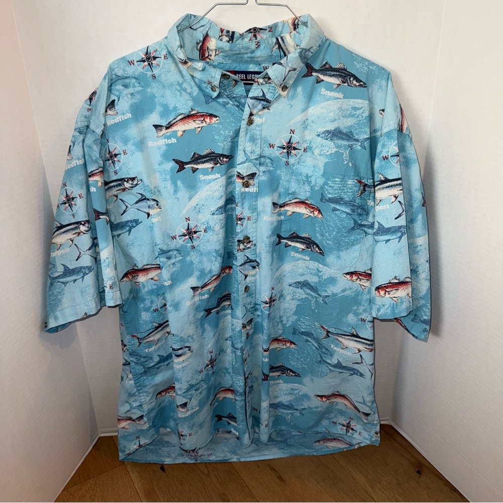 Blue Fish Print Button-Up Shirt